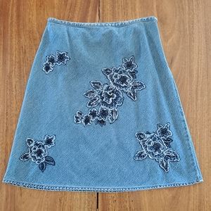 Jean Skirt Floral Applique Denim Skirt, SMALL